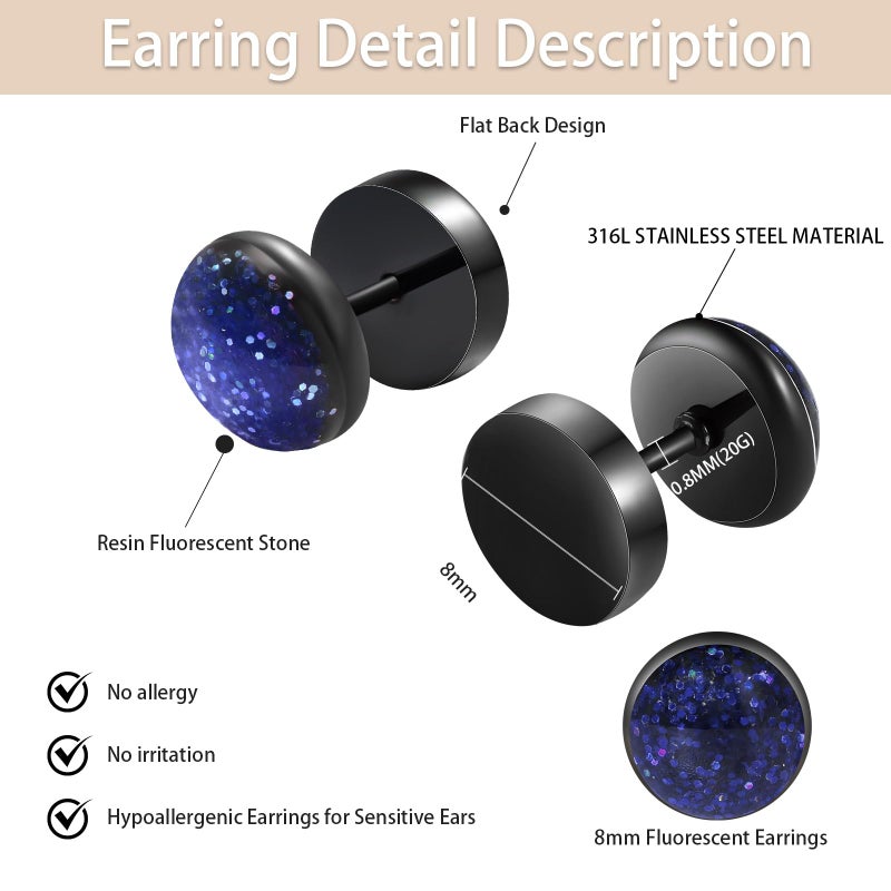 VOLUKA Surgical Stainless Steel Stud Earrings for Women Men Black Gold Plated Fluorescent Flat Back Hypoallergenic Earrings Suitable for Sensitive Ears - Image 3