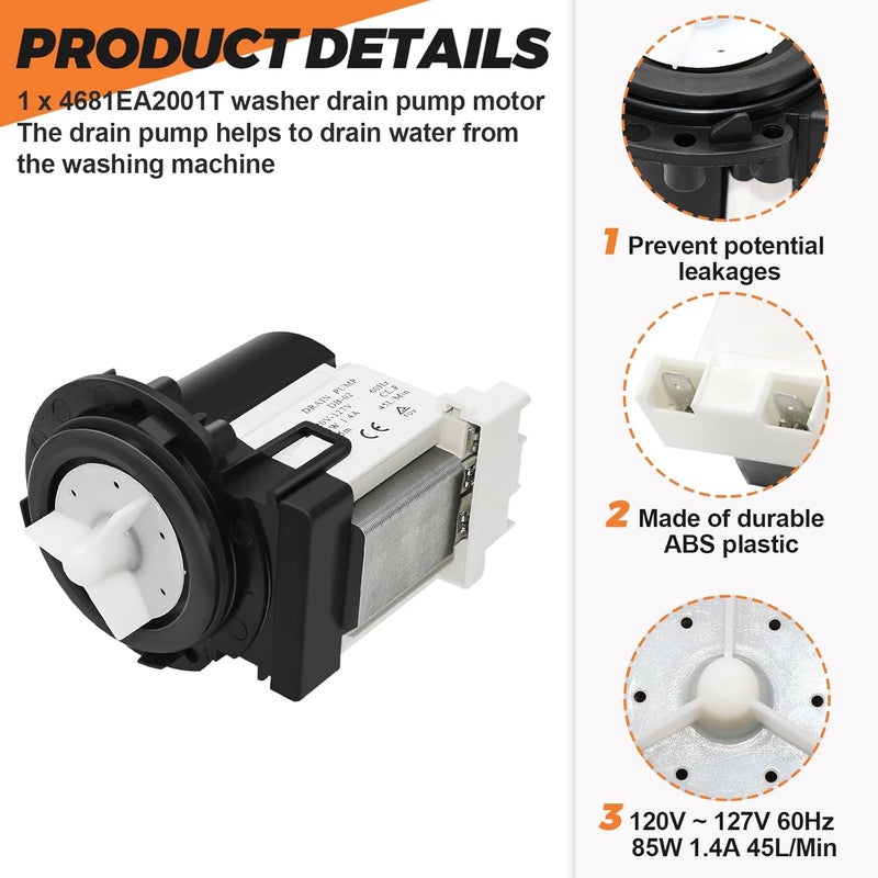 Beaquicy 𝟮𝟬𝟮𝟱 𝗨𝗽𝗴𝗿𝗮𝗱𝗲 4681EA2001T Washer Drain Pump Motor Replace for Kenmore&LG Washer Replacement AP5328388 4681EA1007G for Drain Pump Washing Machine WM2101HW WM3270CW WM3431HS - Image 2