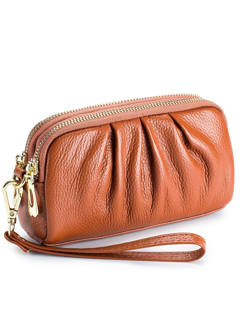 SKT Shiketro Top Layer Cowhide Double Layer Zipper High-End Wallet Mobile Phone Bag Genuine Leather Clutch Bag Mother Handbag【Brown】 - Image 1