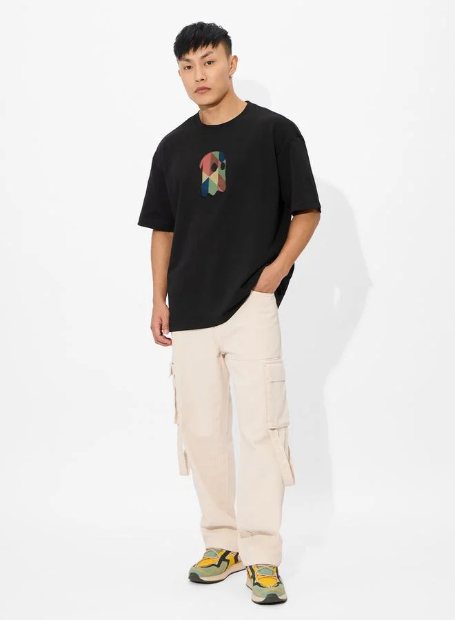 The Souled Store Men Black Oversized T-Shirt with Patchwork