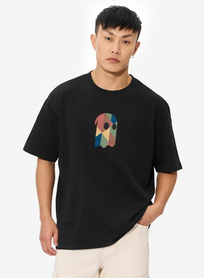 The Souled Store Men Black Oversized T-Shirt with Patchwork