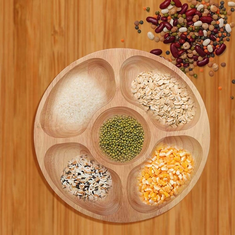 طبق خشبي دائري مقسم إلى 5 أقسام مقاس 25 سم للحلويات والوجبات الخفيفة للمنزل والمطبخ - Image 4