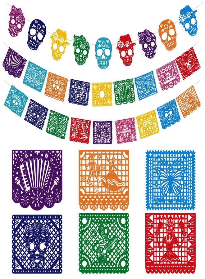 HOWAF 27pcs Day of The Dead Papel Picado Banner, Felt Dia De Los Muertos Sugar Skull Hanging Garland for Mexican Themed Party Decoration Supplies, Colorful Cinco De Mayo Flag Banner - Image 1