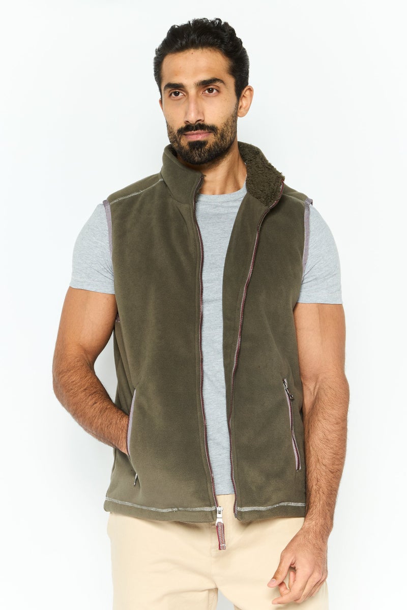 TRUE GRIT Men Textured Sherpa Full Zip Vest, Dark Olive - Image 1