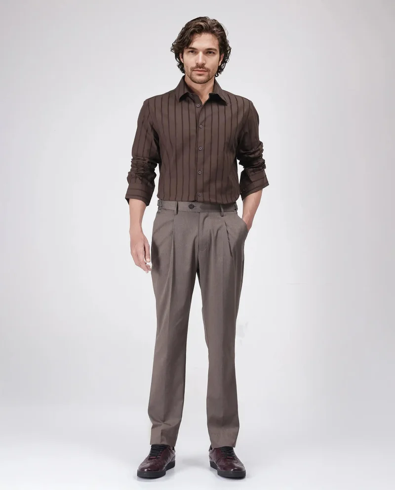 Rare Rabbit Rare Rabbit Men's Tener Dark Brown Cotton Fabric Full Sleeve Spread Collar Relaxed Fit Striped Shirt