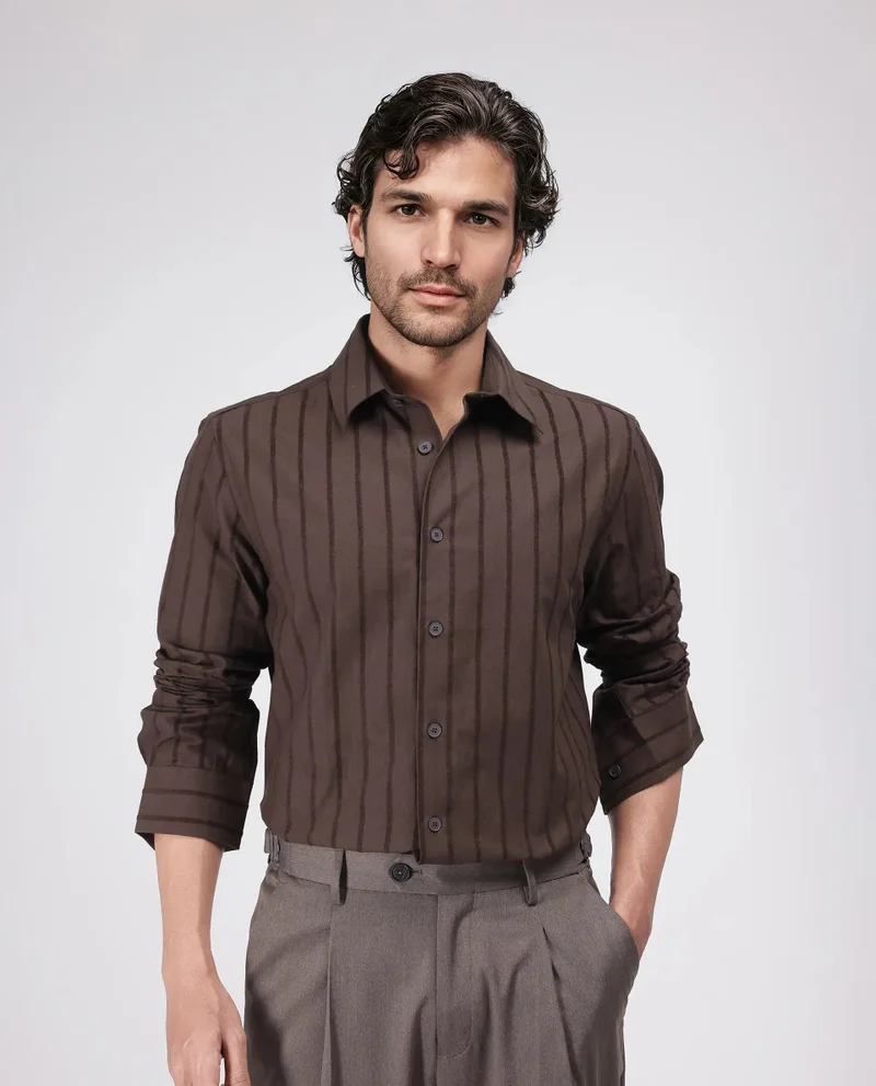 Rare Rabbit Rare Rabbit Men's Tener Dark Brown Cotton Fabric Full Sleeve Spread Collar Relaxed Fit Striped Shirt