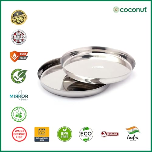 coconut Stainless Steel Heavy Guage (22 Guage) Dinner Plate/Thali - 2 Quantity - Diamater - 12 Inch Each Plate - Image 2