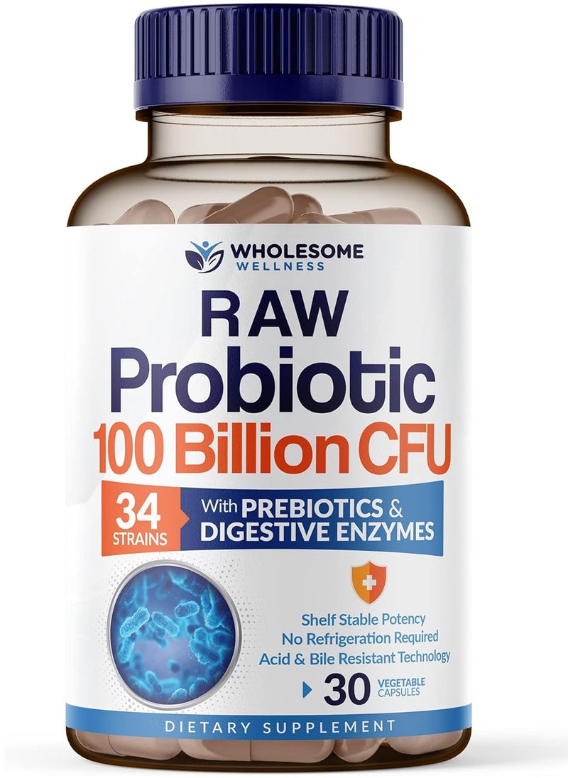 Wholesome Wellness - Raw Probiotics 100 Billion CFU, 30 Vegetable Capsules - Image 1