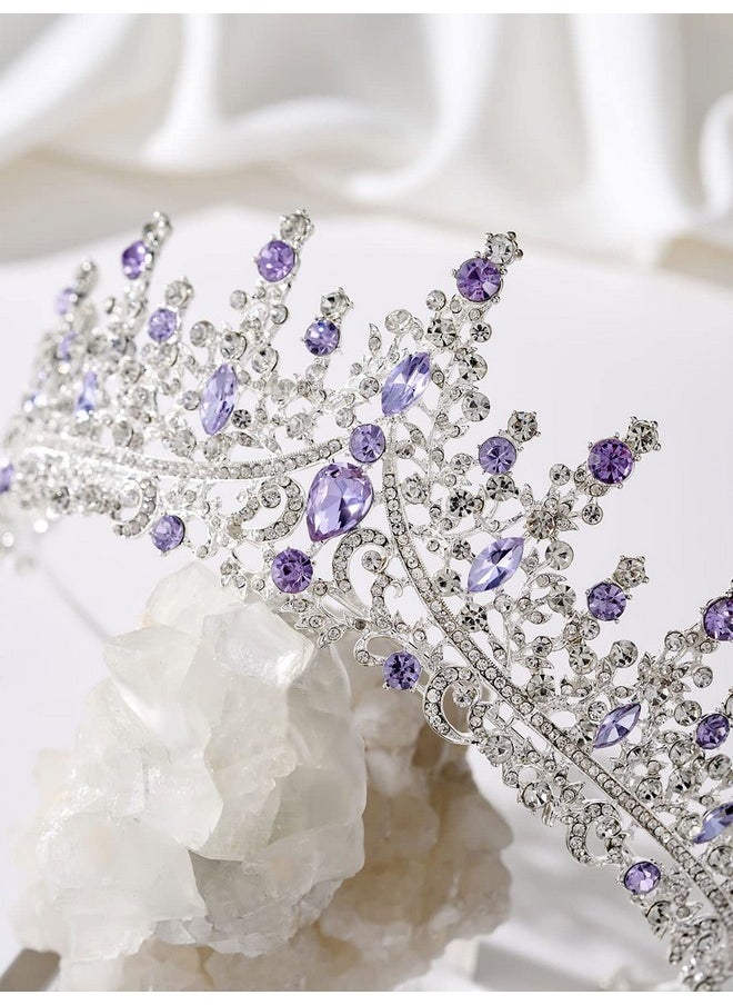 SWEETV Crystal Wedding Crown For Women Girls, Queen Crown Headband, Purple Rhinestone Princess Tiara Hair Accessories, Silver Metal Headware For Prom Birthday Halloween  - Image 4