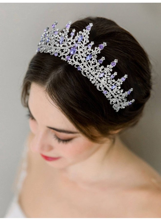 SWEETV Crystal Wedding Crown For Women Girls, Queen Crown Headband, Purple Rhinestone Princess Tiara Hair Accessories, Silver Metal Headware For Prom Birthday Halloween  - Image 2