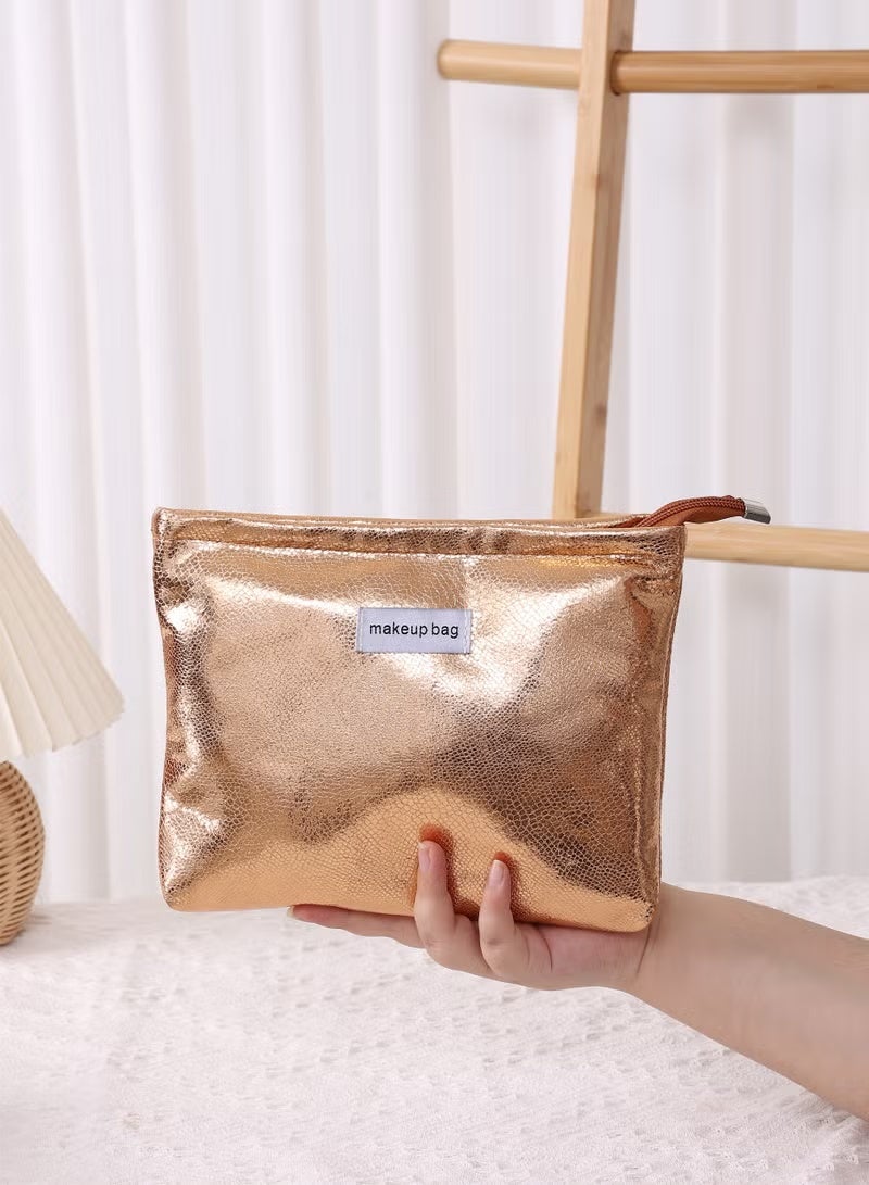 JUMEI Metallic Makeup Bag for Women, Waterproof Cosmetic Pouch with Zipper, Portable Travel Toiletry Organizer Clutch – Gold - Image 1