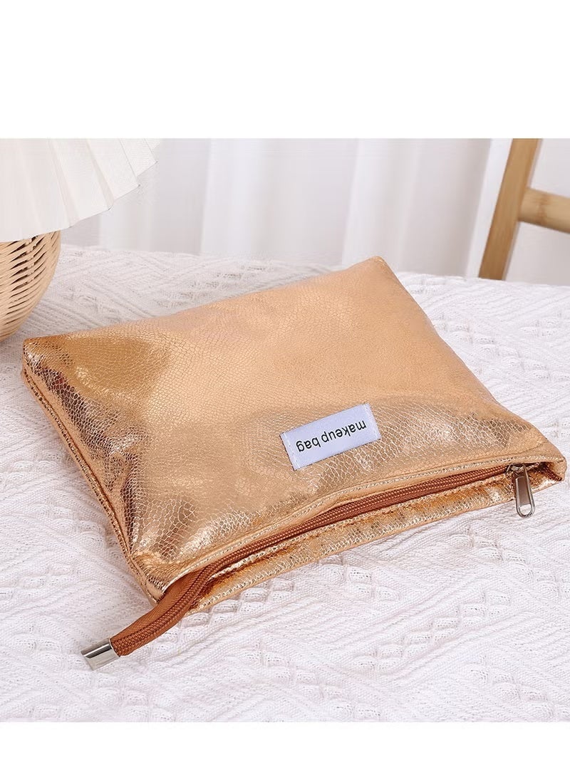 JUMEI Metallic Makeup Bag for Women, Waterproof Cosmetic Pouch with Zipper, Portable Travel Toiletry Organizer Clutch – Gold - Image 3