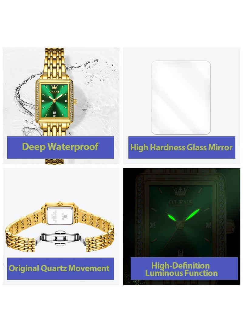 OLEVS Women's Fashion Elegant Square Quartz Watch with Date Water Resistant Gold Case Green Dial 9995 - Image 3