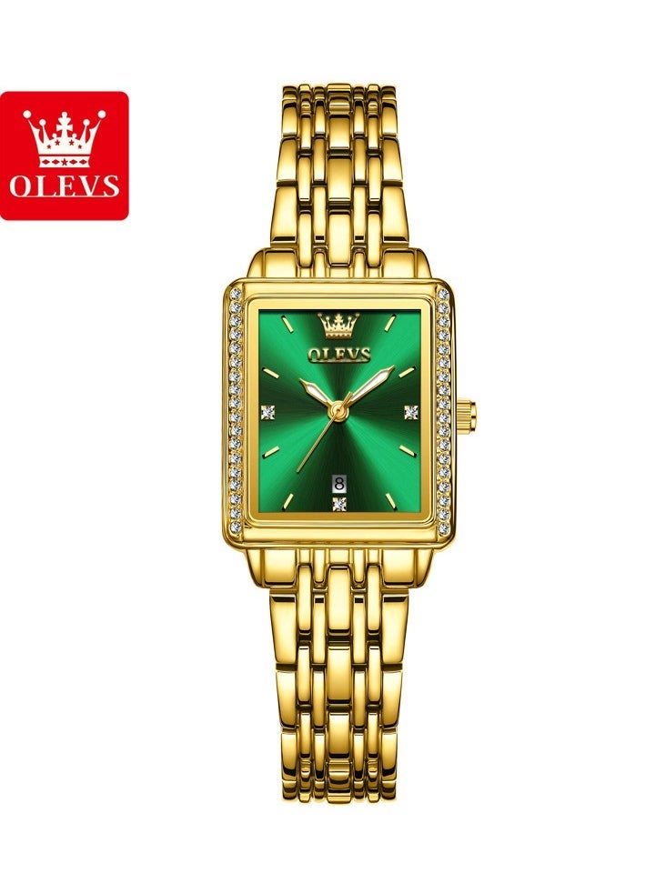 OLEVS Women's Fashion Elegant Square Quartz Watch with Date Water Resistant Gold Case Green Dial 9995 - Image 2
