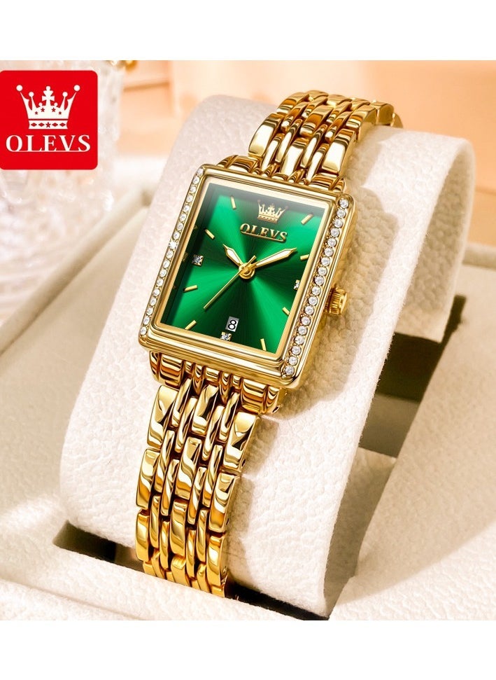 OLEVS Women's Fashion Elegant Square Quartz Watch with Date Water Resistant Gold Case Green Dial 9995 - Image 1