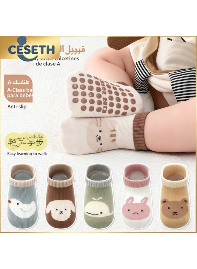 CESETH 6 Pairs Of Anti-Slip Baby Socks, Cotton Baby Walking Socks Suitable For All Seasons, Featuring Cute Animal Patterns, Anti-Slip And Soft Floor Socks, Suitable For Children And Infants To Wear. With A-Level High-Quality Safety Standards, Suitable As Baby Party Gifts For Boys/Girls. For Children Aged 0 To 3 Years Old, Available In Multiple Colors. - Image 1