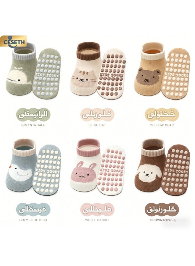 CESETH 6 Pairs Of Anti-Slip Baby Socks, Cotton Baby Walking Socks Suitable For All Seasons, Featuring Cute Animal Patterns, Anti-Slip And Soft Floor Socks, Suitable For Children And Infants To Wear. With A-Level High-Quality Safety Standards, Suitable As Baby Party Gifts For Boys/Girls. For Children Aged 0 To 3 Years Old, Available In Multiple Colors. - Image 2