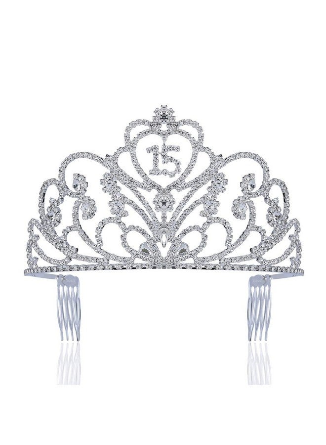 Janefashions Quinceanera Coronas De Quinceañeras Sweet 15 Fifteen 15Th Birthday Party Clear White Austrian Rhinestone Crystal Princess Hair Jewelry Tiara Crown With Hair Combs T1813 Silver - Image 2