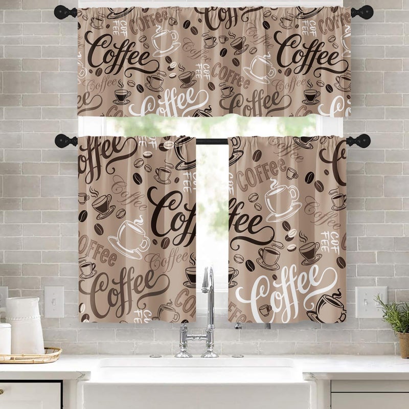 Tayney Coffee Kitchen Window Curtains Valance and Tier Set 36 Inch, Brown Farmhouse Rod Pocket Short Tier Curtain, Retro Vintage Small Cafe Drapes for Kitchen Decor - Image 1