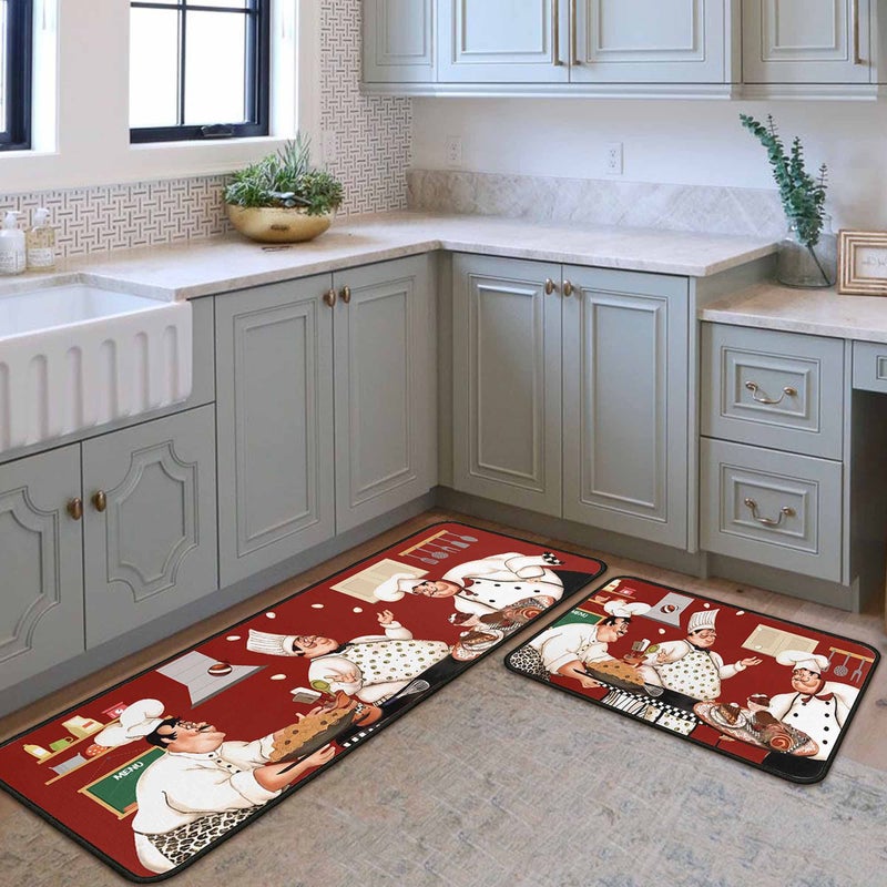 kukli kitchen Chef Kitchen Rug Set 2 PCS | Non-Slip Waterproof Stain-Resistant Floor Mats | Fun Chef Style Mats for Kitchen, Sink & Laundry 17"x47"+17"x30" - Image 1