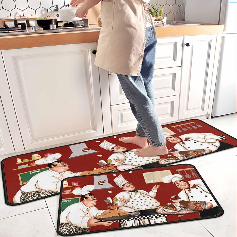 kukli kitchen Chef Kitchen Rug Set 2 PCS | Non-Slip Waterproof Stain-Resistant Floor Mats | Fun Chef Style Mats for Kitchen, Sink & Laundry 17"x47"+17"x30" - Image 3