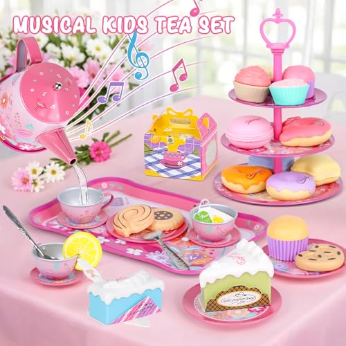 PRE-WORLD Tea Party Set for Toddles 35PREWORLD Musical Kids Tea Set for Little Girls with DessertCookiesDoughnutCakeCake StandTablecloth Carrying CaseKitchen Pretend Play Toys for Girls Boys Age 36 - Image 5