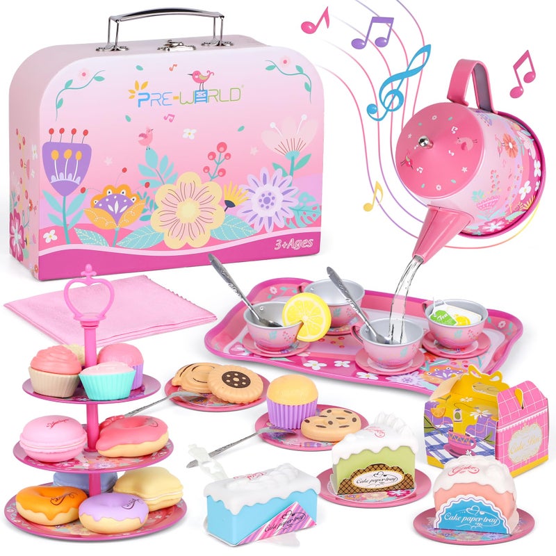 PRE-WORLD Tea Party Set for Toddles 35PREWORLD Musical Kids Tea Set for Little Girls with DessertCookiesDoughnutCakeCake StandTablecloth Carrying CaseKitchen Pretend Play Toys for Girls Boys Age 36 - Image 3