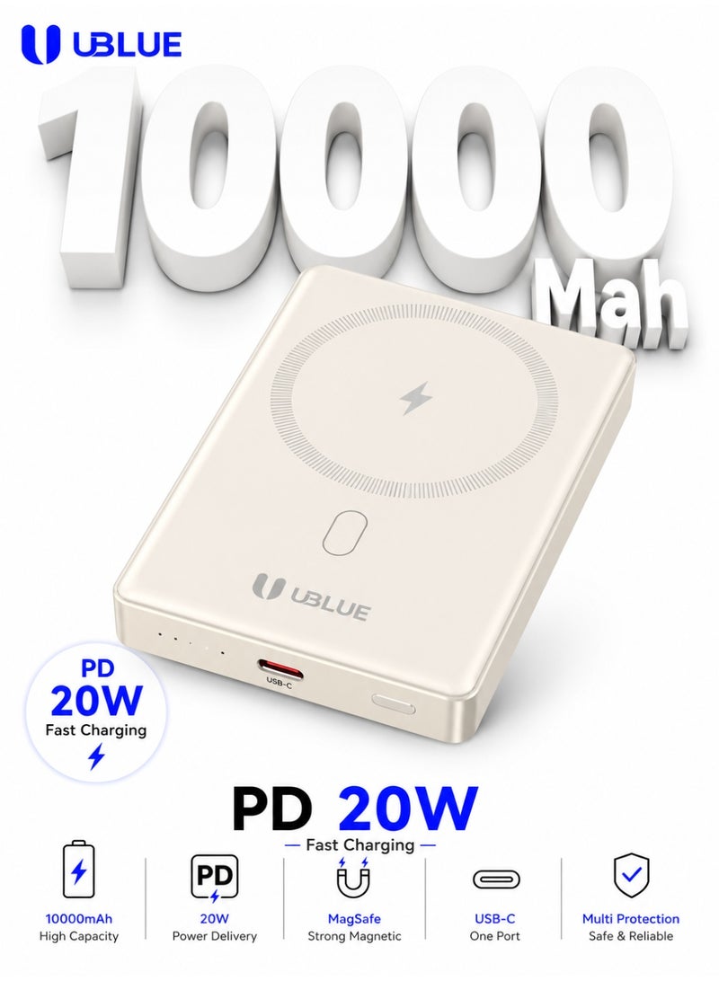 يوبلو بنك طاقة UBLUE فائق النحافة بسعة 10000 مللي أمبير، شاحن لاسلكي محمول بمنفذ USB-C، بطارية نحيفة لأجهزة iPhone وSamsung Galaxy وAirPods، لون أبيض كريمي - Image 1