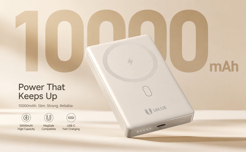 يوبلو بنك طاقة UBLUE فائق النحافة بسعة 10000 مللي أمبير، شاحن لاسلكي محمول بمنفذ USB-C، بطارية نحيفة لأجهزة iPhone وSamsung Galaxy وAirPods، لون أبيض كريمي - Image 2