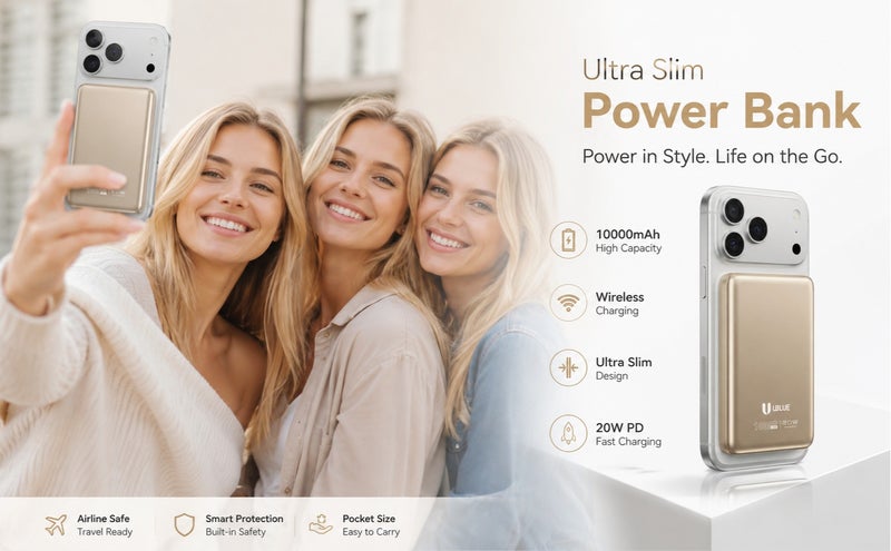 يوبلو بنك طاقة UBLUE فائق النحافة بسعة 10000 مللي أمبير، شاحن لاسلكي محمول بمنفذ USB-C، بطارية نحيفة لأجهزة iPhone وSamsung Galaxy وAirPods، لون أبيض كريمي - Image 3