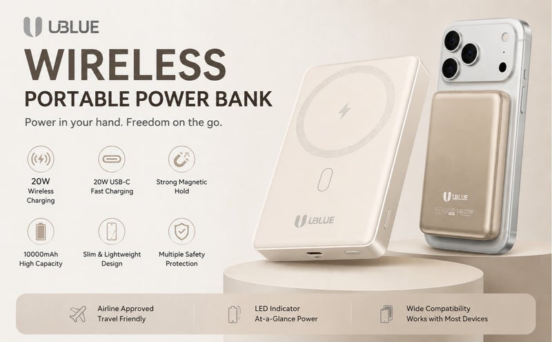 يوبلو بنك طاقة UBLUE فائق النحافة بسعة 10000 مللي أمبير، شاحن لاسلكي محمول بمنفذ USB-C، بطارية نحيفة لأجهزة iPhone وSamsung Galaxy وAirPods، لون أبيض كريمي - Image 4