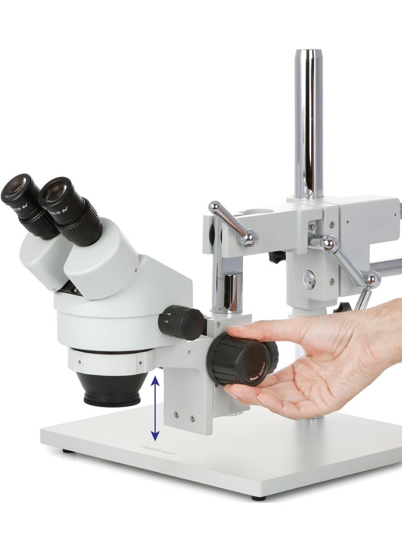 AmScope AmScope SM4BXFRL Professional Binocular Stereo Zoom Microscope WH10x Eyepieces 35X45X Magnification 07X45X Zoom Objective 8W Fluorescent Ring Light DoubleArm Boom Stand 110V120V Includes 05x Barlow Lens  - Image 4