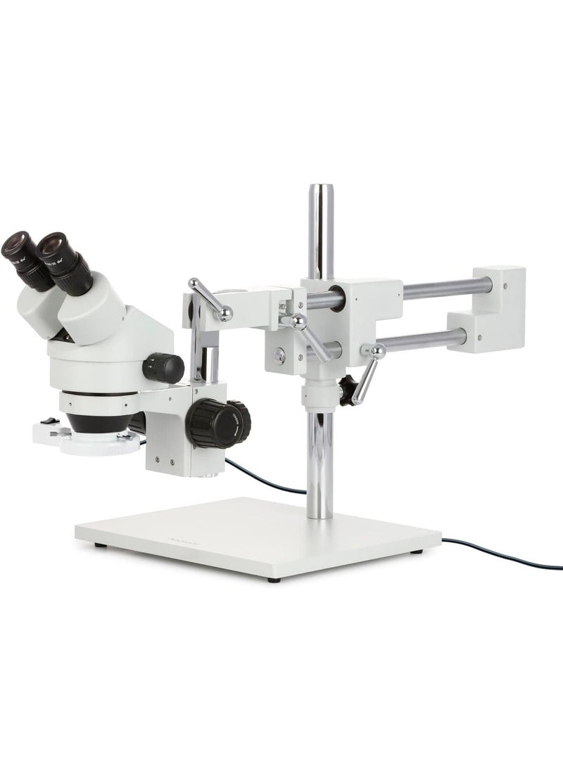 AmScope AmScope SM4BXFRL Professional Binocular Stereo Zoom Microscope WH10x Eyepieces 35X45X Magnification 07X45X Zoom Objective 8W Fluorescent Ring Light DoubleArm Boom Stand 110V120V Includes 05x Barlow Lens  - Image 1