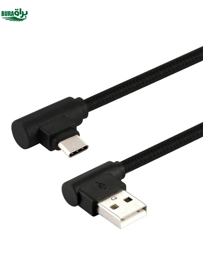 BURAQ 1m USB to USB-C / Type-C Nylon Weave Style Double Elbow Charging Cable(Black)  - Image 2