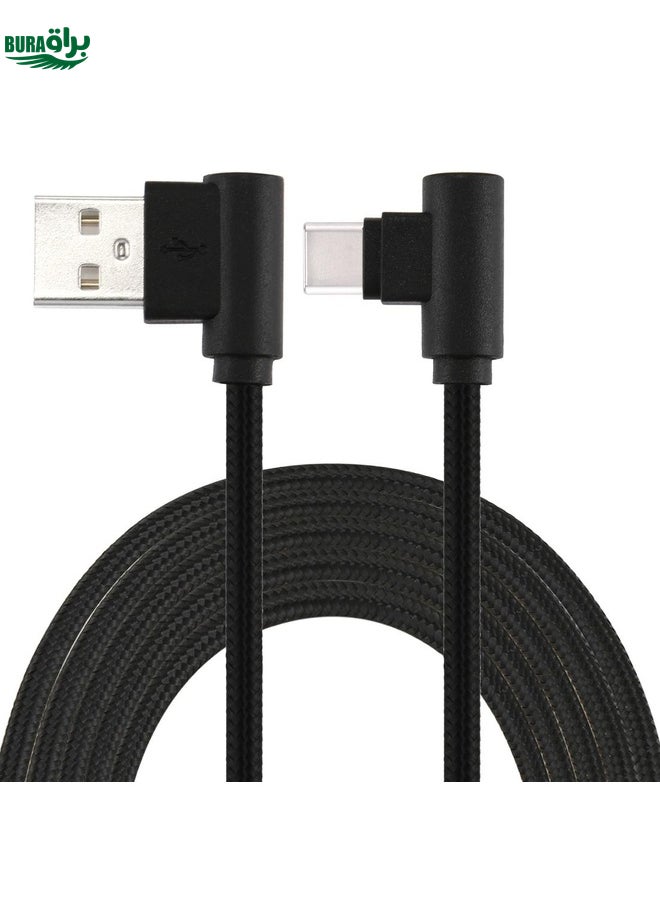 BURAQ 1m USB to USB-C / Type-C Nylon Weave Style Double Elbow Charging Cable(Black)  - Image 1