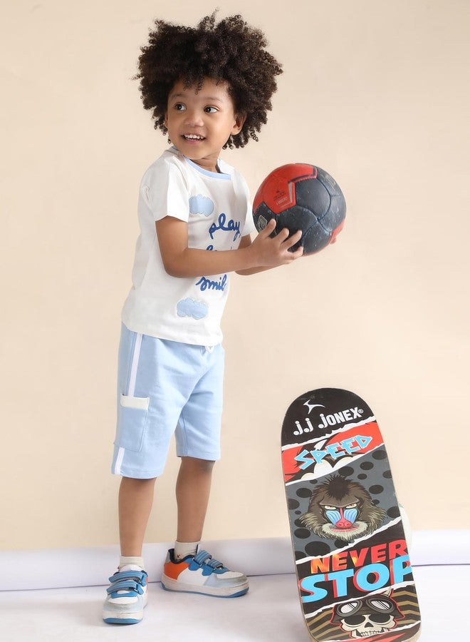 POLKA TOTS Half Sleeves Play, Laugh & Smile Print T-Shirt Shorts - White and Blue - Image 5