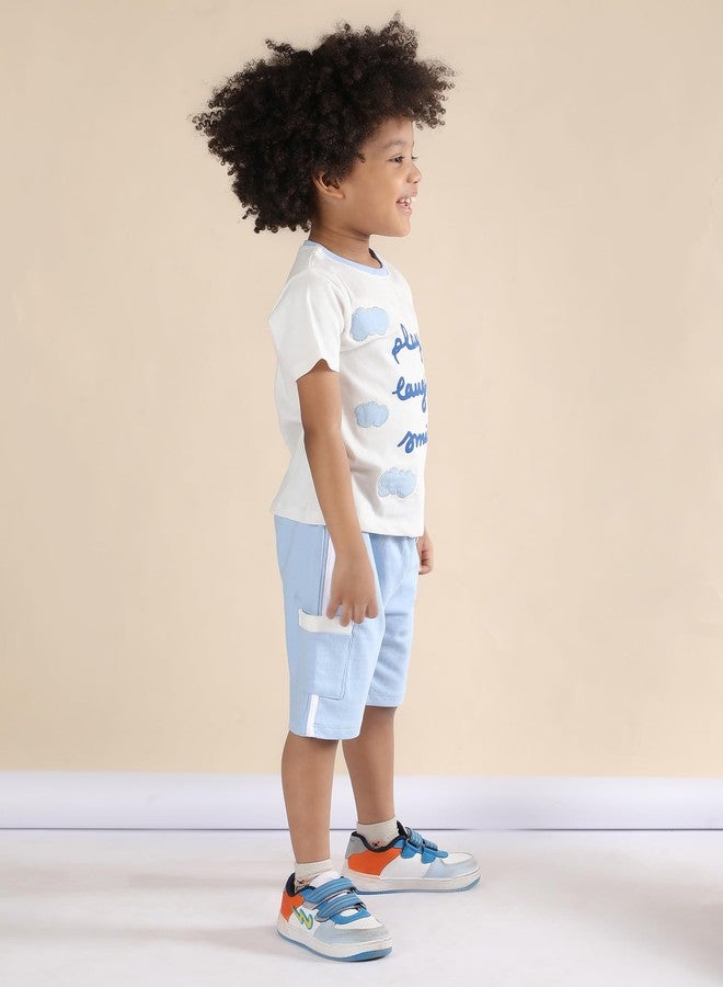 POLKA TOTS Half Sleeves Play, Laugh & Smile Print T-Shirt Shorts - White and Blue - Image 3