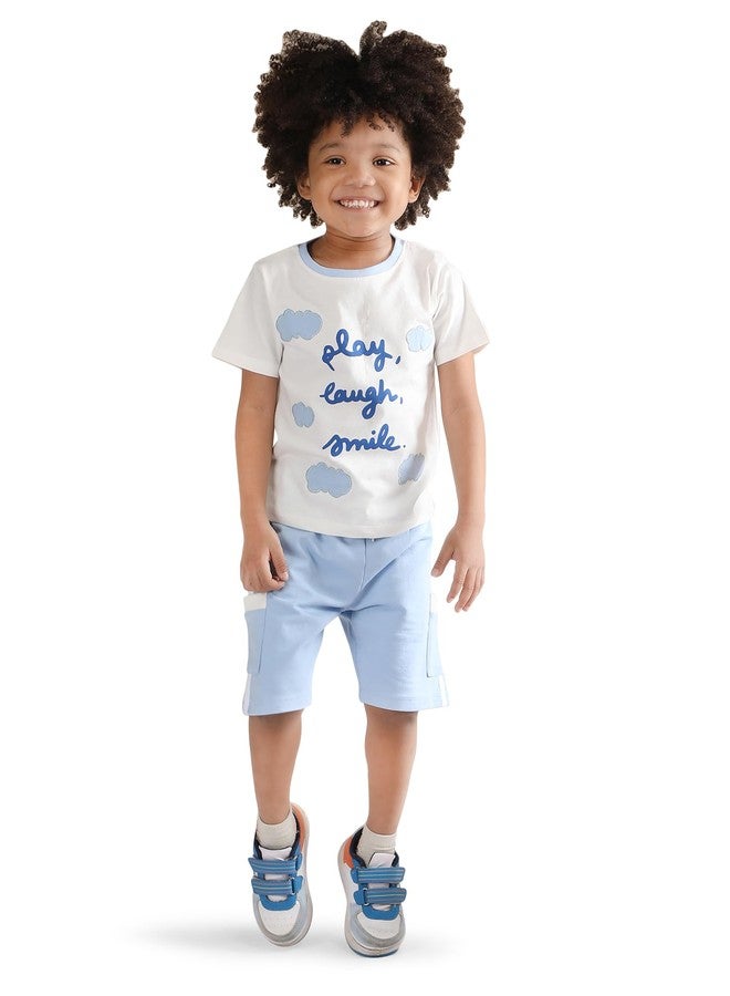 POLKA TOTS Half Sleeves Play, Laugh & Smile Print T-Shirt Shorts - White and Blue - Image 1