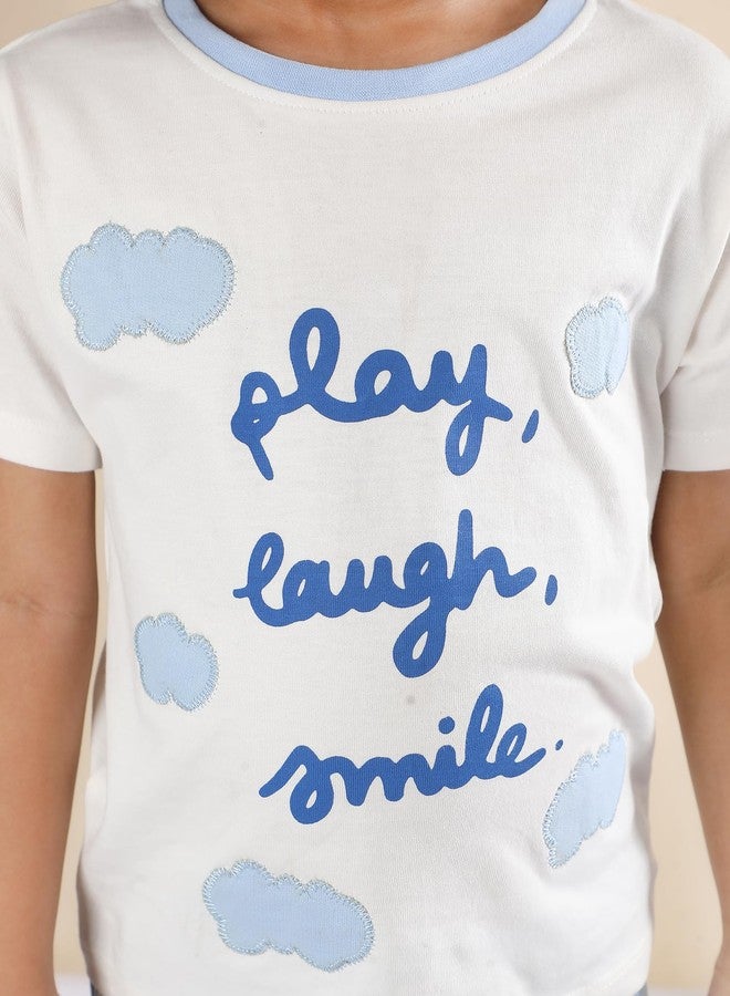POLKA TOTS Half Sleeves Play, Laugh & Smile Print T-Shirt Shorts - White and Blue - Image 4