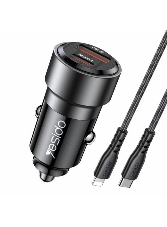 Yesido Y54 60W Super Fast Car Charger - Dual Type-C PD Ports (30W+30W) Power Adapter with Type-C to Lightning Cable - Black