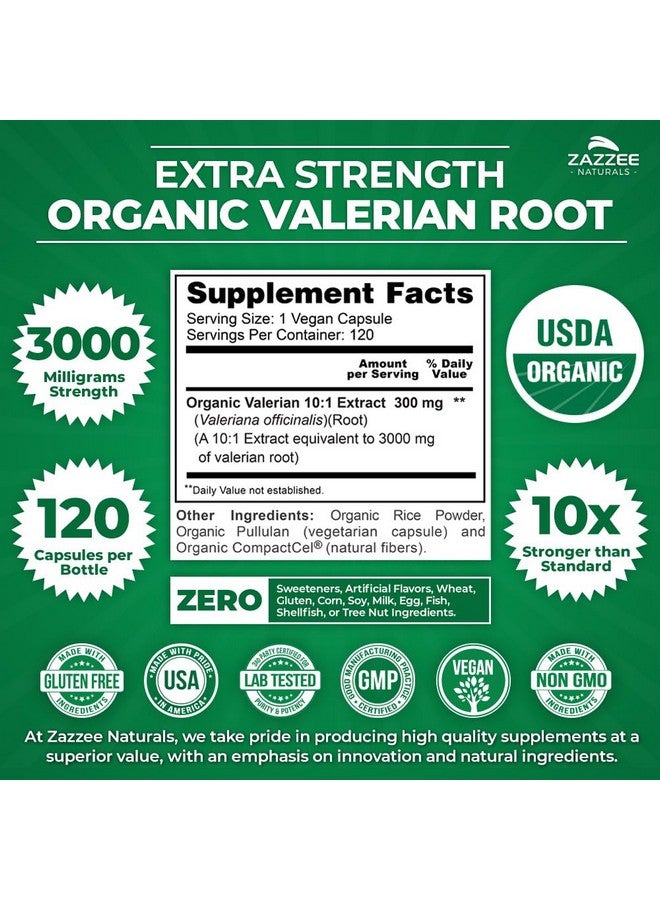 Zazzee USDA Organic Valerian Root 10:1 Extract, 3000 mg Strength, 120 Vegan Capsules, 4 Month Supply, Valeriana officinalis, 10X Potency, 100% Vegetarian, All-Natural, Non-GMO, Made in The USA - Image 3