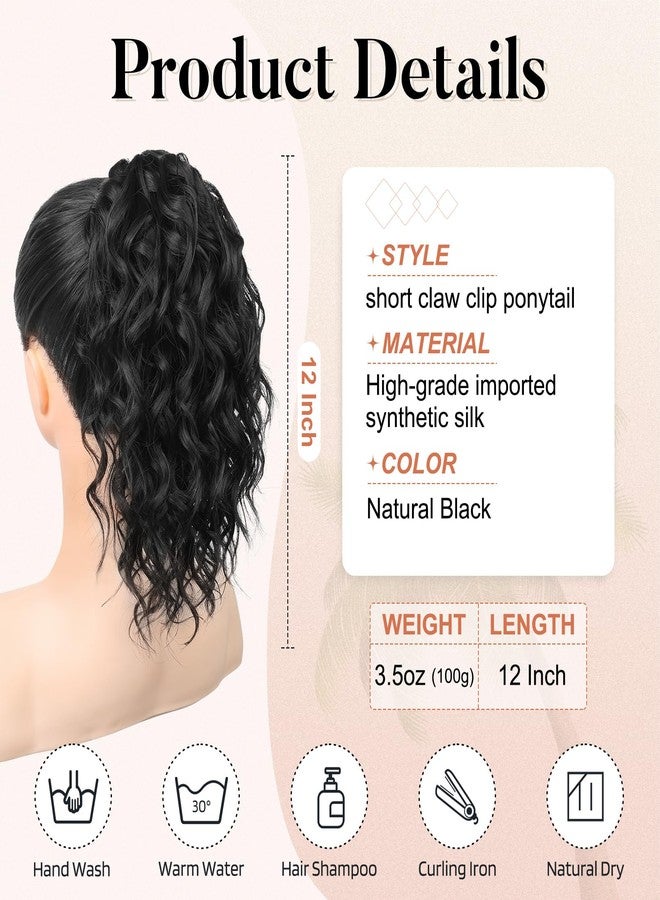 Flufymooz Ponytail Extension, 12" Short Claw Ponytail Extension Wavy Curly Jaw Clip in Pony tails Hairpiece Natural Synthetic Hairpiece for Women (Natural Black) - Image 3