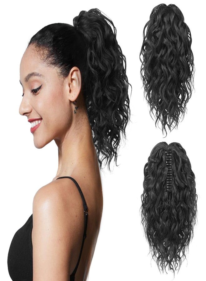 Flufymooz Ponytail Extension, 12" Short Claw Ponytail Extension Wavy Curly Jaw Clip in Pony tails Hairpiece Natural Synthetic Hairpiece for Women (Natural Black) - Image 1