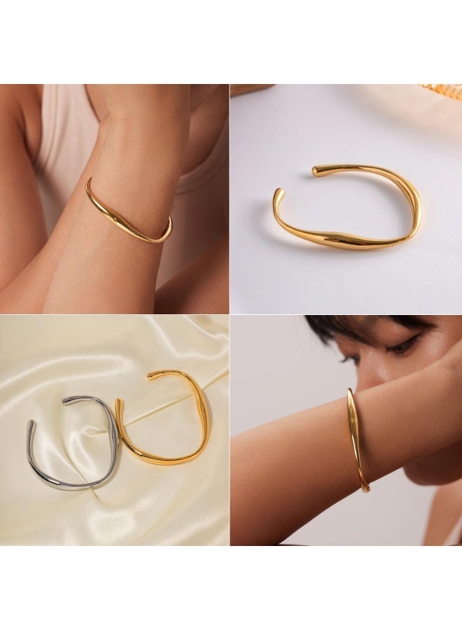 سوار الكفة الذهبي المطلي بالذهب عيار 18 للنساء، قابل للتعديل بتصميم دمعة سميك مفتوح - Image 5