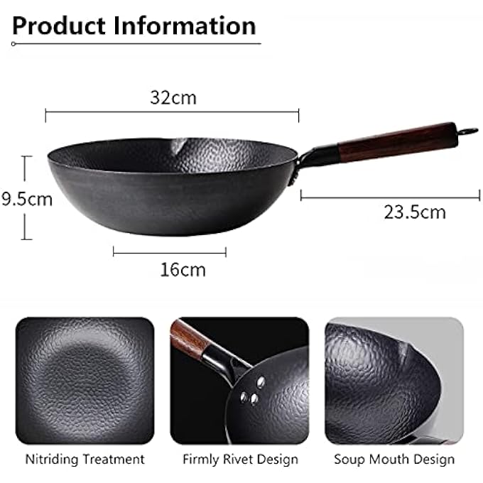 Angju Carbon Steel Wok Pan  32Cm Woks And Stir Fry Pans With Lid No Chemical Coated Wok Pan For Electric Induction  Gas Stoves Nonstick Iron Wok And Stir Fry Pan With Detachable Wooden Handle - Image 5