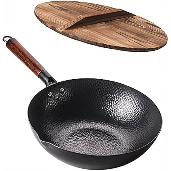 Angju Carbon Steel Wok Pan  32Cm Woks And Stir Fry Pans With Lid No Chemical Coated Wok Pan For Electric Induction  Gas Stoves Nonstick Iron Wok And Stir Fry Pan With Detachable Wooden Handle - Image 1