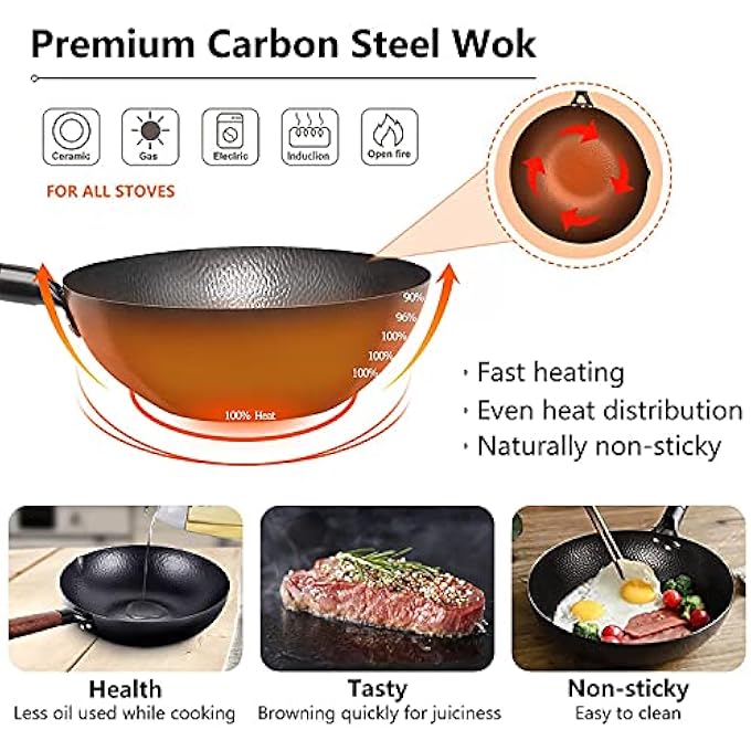 Angju Carbon Steel Wok Pan  32Cm Woks And Stir Fry Pans With Lid No Chemical Coated Wok Pan For Electric Induction  Gas Stoves Nonstick Iron Wok And Stir Fry Pan With Detachable Wooden Handle - Image 2