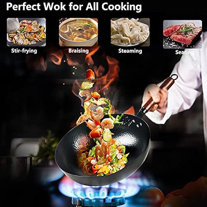 Angju Carbon Steel Wok Pan  32Cm Woks And Stir Fry Pans With Lid No Chemical Coated Wok Pan For Electric Induction  Gas Stoves Nonstick Iron Wok And Stir Fry Pan With Detachable Wooden Handle - Image 4