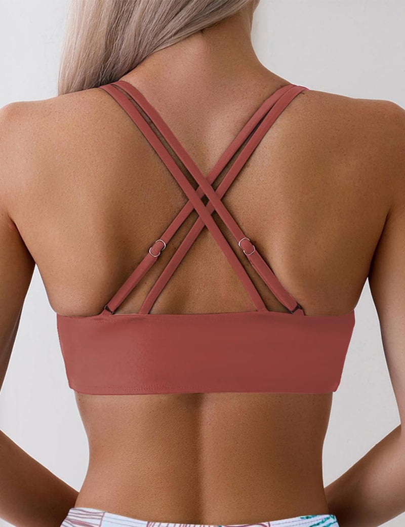 Tainehs Women's Push Up V Neck Bikini Tops Criss Cross Back Padded Bathing Suit Top Only Brick Red - Image 2