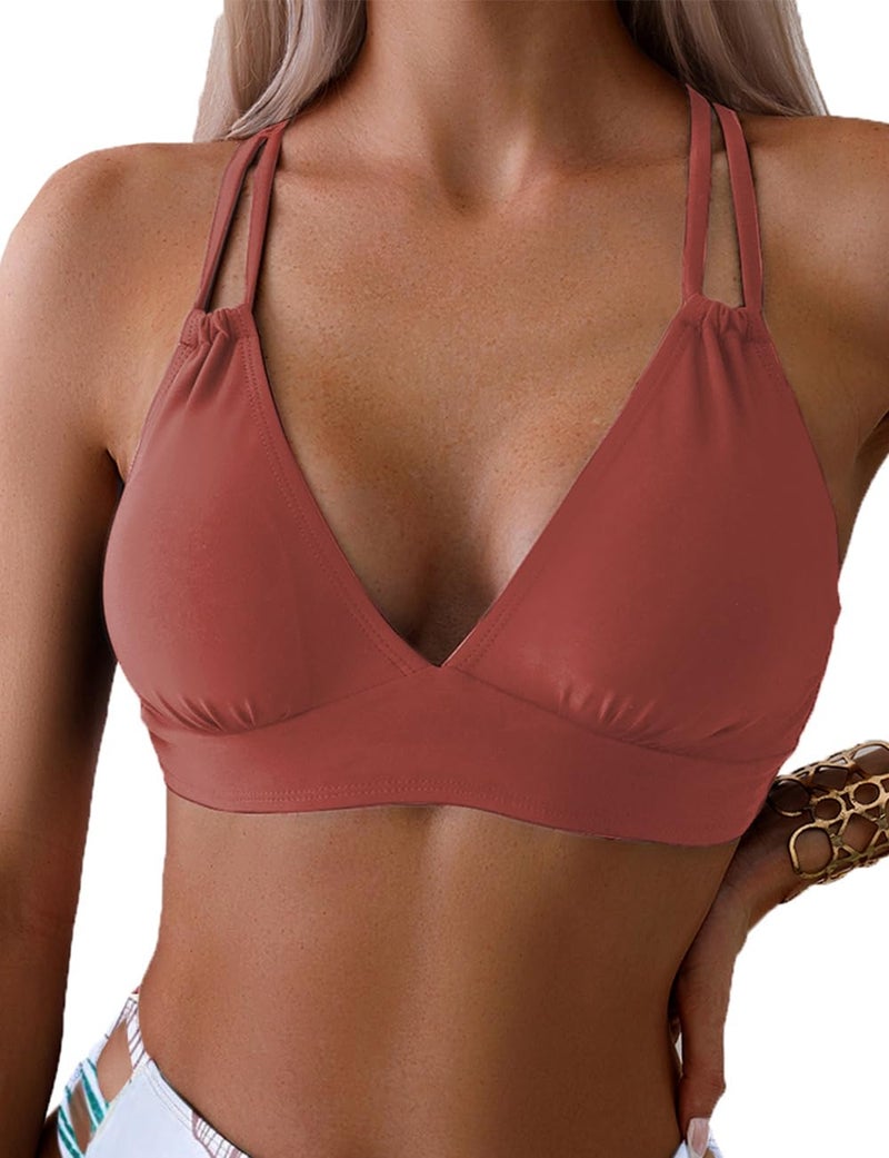 Tainehs Women's Push Up V Neck Bikini Tops Criss Cross Back Padded Bathing Suit Top Only Brick Red - Image 1